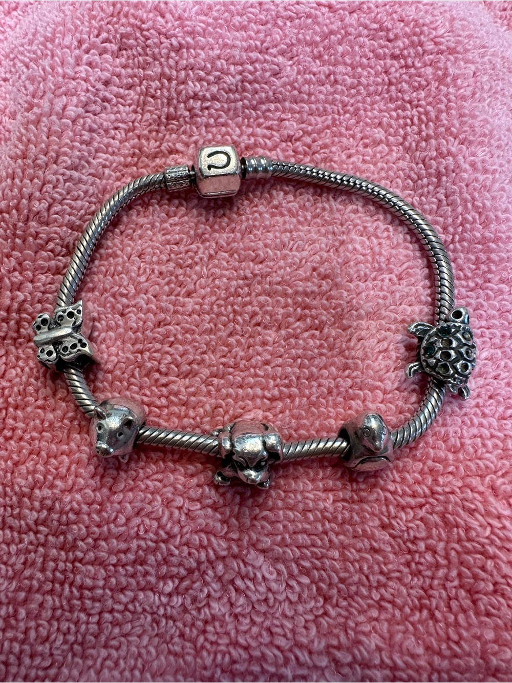 Pandora 925 Silver Charm Bracelet with 5 animal charms